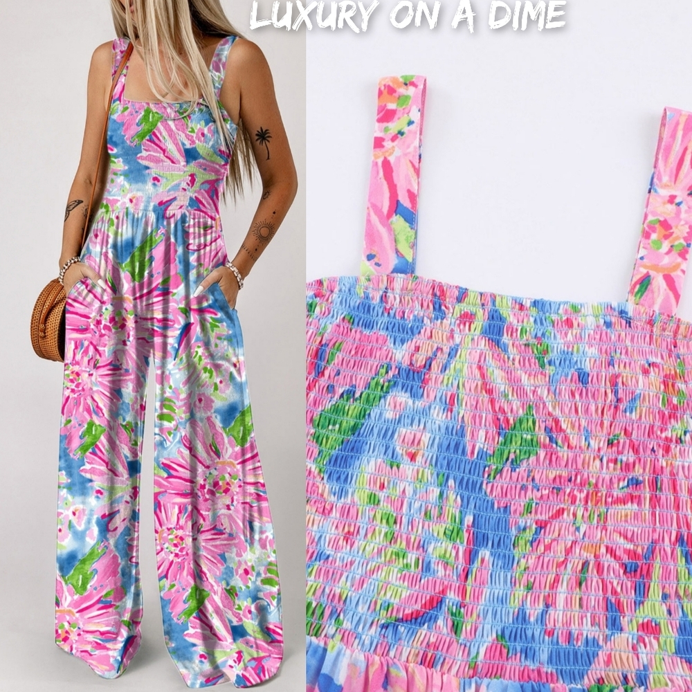 Palm Beach Floral Smock Sleeveless Wide Leg One Piece Pocket Pant Jumpsuit Pink - Picture 2 of 12